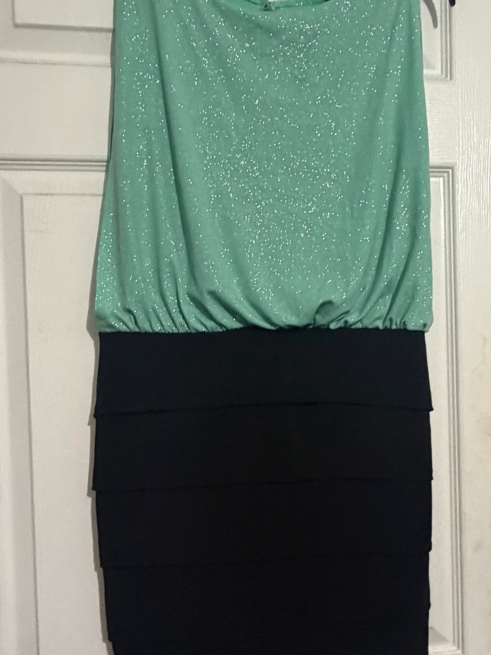 Enfocus Studio Mint Sparkle Blouson with Black Tiered Skirt Dress